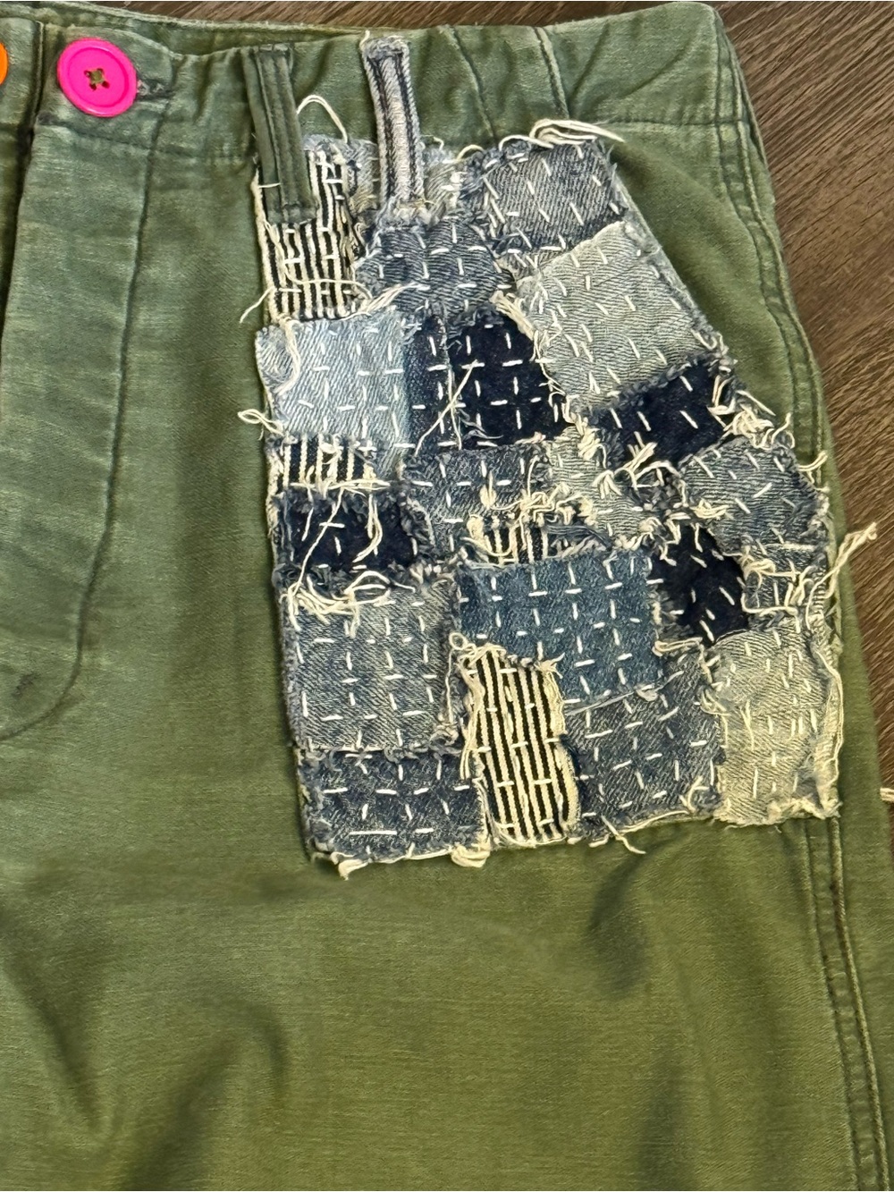 MOTHER Upcycled Olive Green Capris with Blue Patch Sashiko Pockets - Picture 4 of 8
